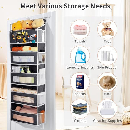 5-Tier Over the Door Storage Organizer with 5 Side Mesh Pockets, 40lbs Load Capacity with 2 Hooks, Behind Door Hanging Organizer for Closet Bathroom Bedroom Nursery - Grey