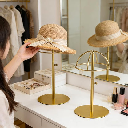 2 Pack Hat display stand Adjustable Height 8.7-14.6 Inches Hat organizer Stainless Steel Metal Hat rack for Storing Hats and Wigs in Home Boutique Retail Stores,Golden