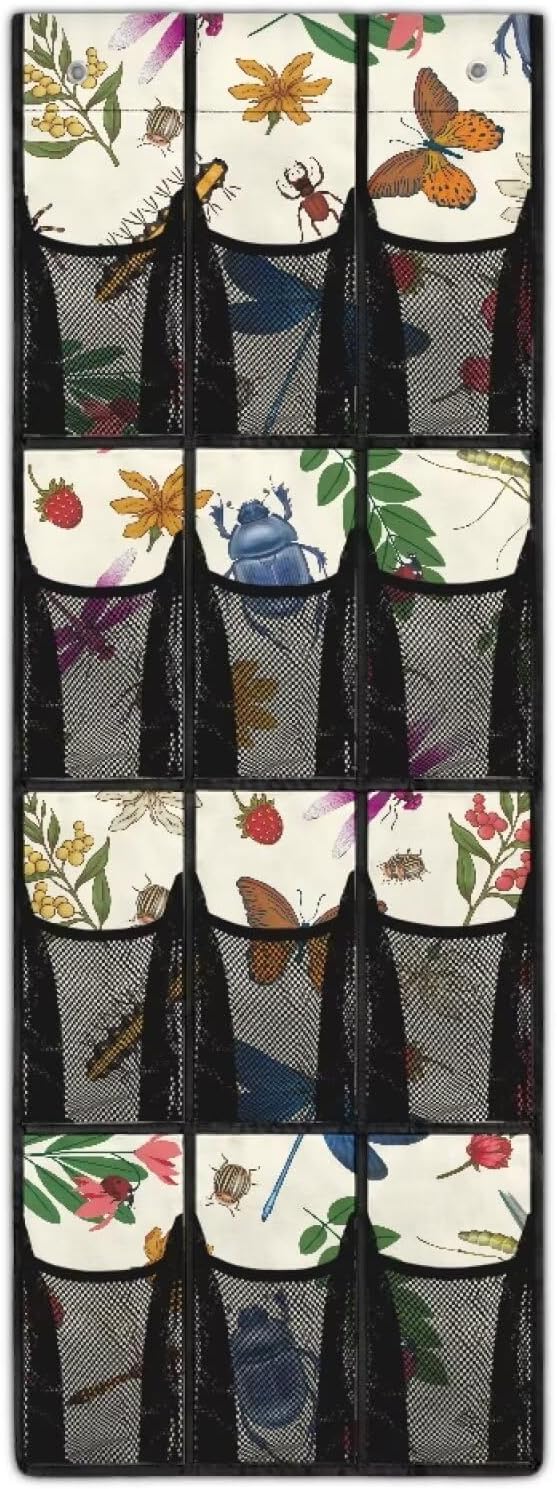 Butterfly Dragonfly Over The Door Shoe Organizer,12 Mesh Pockets Hanging Storage Shoe Rack,Hanger Storage Organizer for Closet,Classroom Headphone Storage,Over Door Organizer