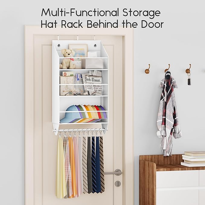 Homsorout Over the Door Hat Rack - 3-Layer Design Hat Organizer Holds 30-36 Hats with 10 Hooks, Ideal Hat Rack for Door, Over the Door Organizer for Closet, Apartment, Bedroom, Dorm, 1 Pack, White