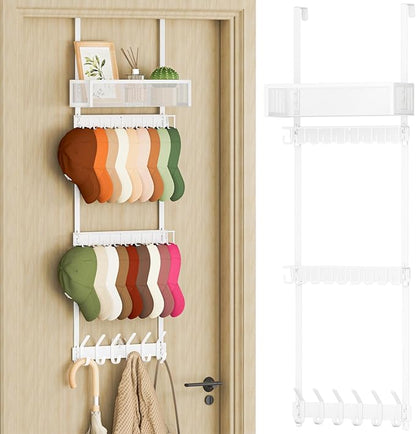 4 Tier Over Door Hat Organizer with Basket, Hat Holder Rack for Baseball Cap with 24 Hooks（2-Tier 9-Hook & 1-Tier 6-Hook）,Hat Hanger Storage Holds up to 24+ Caps for Door, Bedroom, Closet (White)