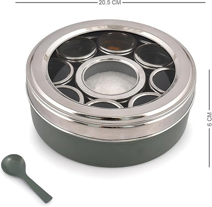 Elan Stainless Steel Masala Box | Spice Storage Container | Masala Dani With 9 Containers and Small Spoon | Masala Dabba For Kitchen See Through Lid | Kitchen Spice Organiser (Moss green)