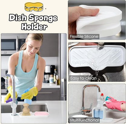 Silicone Bathroom Soap Dishes, Sponge Holder for Kitchen Sink, Shower Soap Holder with Drain, Soap Dispenser Tray, Soap Dish for Bottle, Cup, Sink or Counter Organizer - White 9" x 3.15"