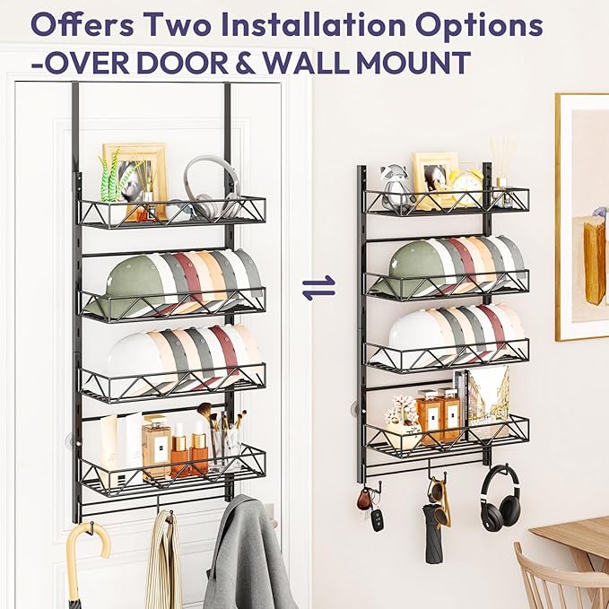 SWTYMIKI Over Door Hat Organizer - 5 Tier Wall Mounted Hat Rack with 4 Adjustable Metal Basket and 3 Hooks, Hanging Baseball Cap Organizer Storage Holds up to 49 Caps for Door, Bedroom, Closet