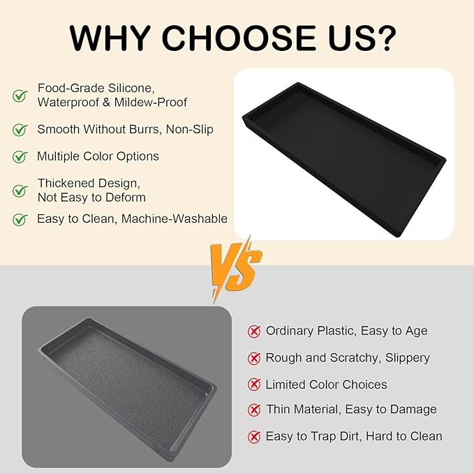 Bathroom Vanity Tray, 7.8 x 3.9 Inch Silicone Bathroom Tray Countertop, Non-Slip Decorative Tray for Bathroom, Kitchen, Toilet to Organize Perfume, Jewelry, Soap, Waterproof, Black