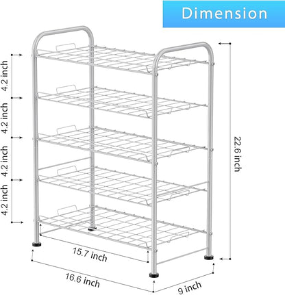 BTY 5 Tier Water Bottle Organizer Small Water Bottle Holder Stand Freestanding Metal Bottled Water Rack Dispenser for Kitchen, Pantry Organization and Storage, Silver