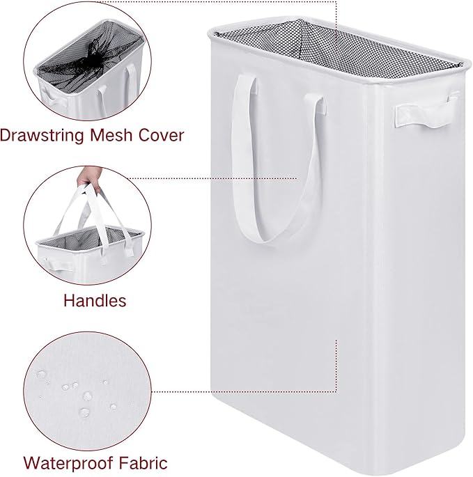 efluky Slim Laundry Basket, Narrow Laundry Hamper with Handles, Collapsible Dirty Clothes Hamper, Tall Laundry Bin for Laundry Room, Dorm and Bedroom, 12.7 Gallons(48L) White