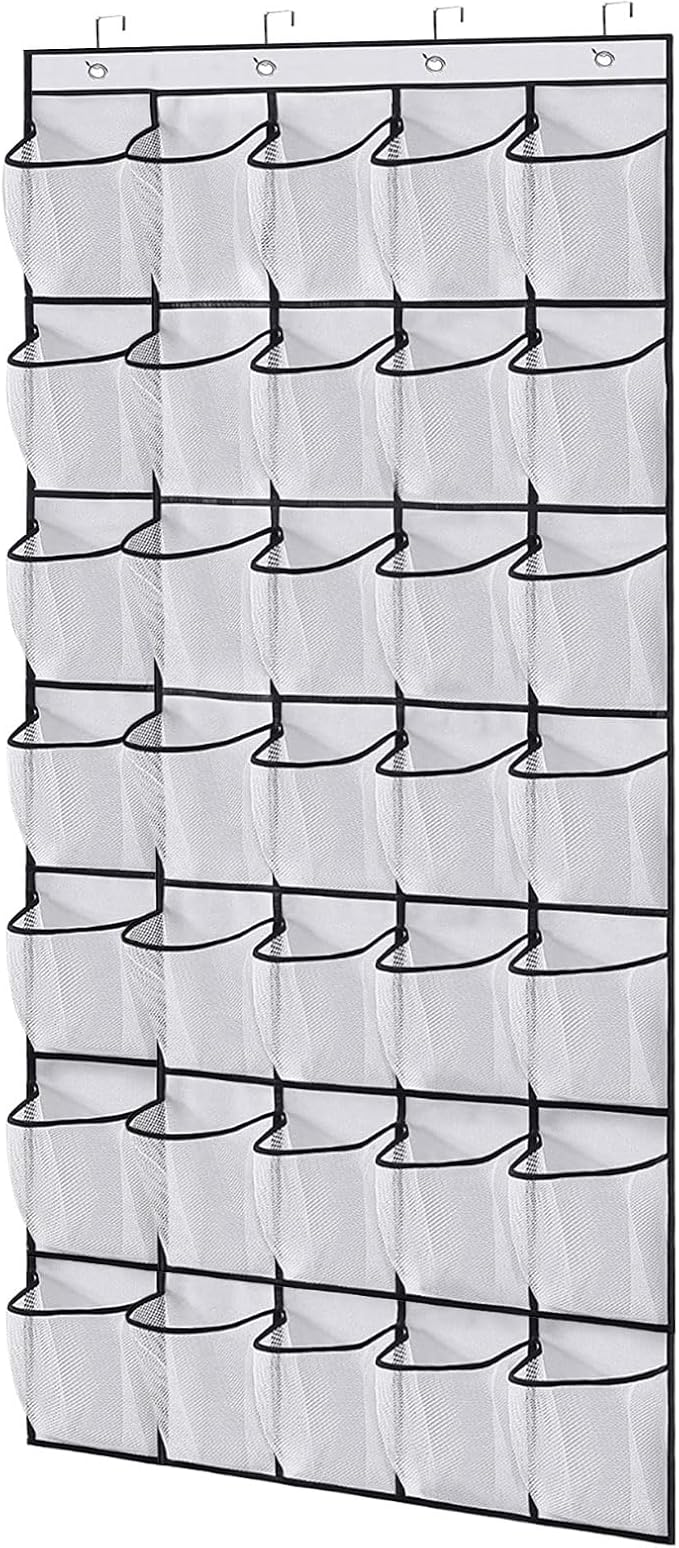 SYOWADA 35 Pocket Over the Door Shoe Organizer Hanging Large Capacity Closet Storage Entryway Organizer Hanging Bag Shoes Sneaker With 4 Metal Hooks, White