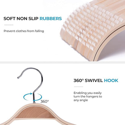 JS Hanger Lightweight Non Slip Wooden Hangers - 10 Pack Heavy Duty Wood Coat Hangers with Soft Stripes for Camisole, Jacket, Dress Clothes, Sweater, Natural Finish