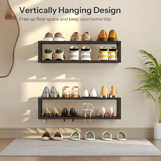 HOOBRO Wall-Mounted Shoe Rack, 2 Pack Hanging Metal Shoe Shelf, Space-Saving Shoe Storage Organizer, Holds 12-16 Pairs, Shoe Holder for Entryway, Closet, Small Spaces, Black BK44XJP201