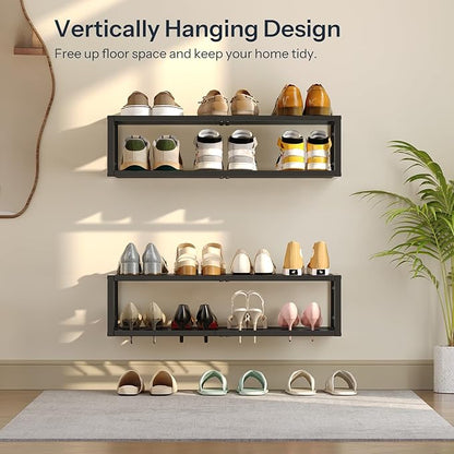 HOOBRO Wall-Mounted Shoe Rack, 2 Pack Hanging Metal Shoe Shelf, Space-Saving Shoe Storage Organizer, Holds 12-16 Pairs, Shoe Holder for Entryway, Closet, Small Spaces, Black BK44XJP201