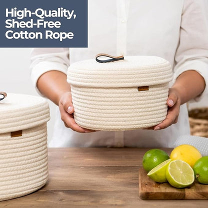 DENJA & CO Set of 2 Decorative Storage Baskets with Lids - Round Woven Baskets for Home Decor and Organizing - Small Shelf Baskets with Leather Tabs and Handles - Decorative Storage and Organizer Bins