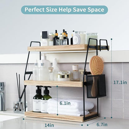 Bathroom Organizer Countertop, 3-Tier Standing Counter Shelf with Basket, Wood Tray for Kitchen Vanity Organizer