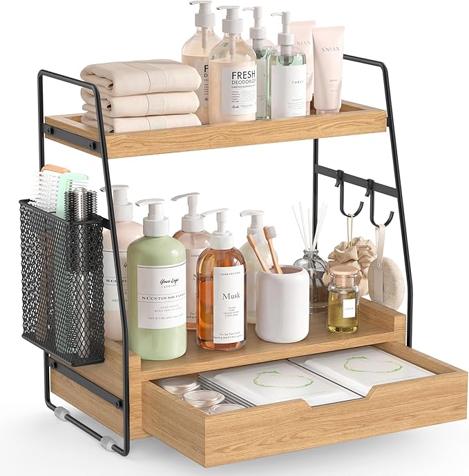 2 Tier Bathroom Counter Organizer Wood - Tiered Bathroom Countertop Shelf with Drawer, Removable Basket & 2 Hooks, Makeup Vanity Organizer for Skincare Perfume Toiletries, 13'' Wood