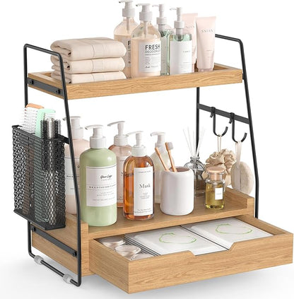 2 Tier Bathroom Counter Organizer Wood - Tiered Bathroom Countertop Shelf with Drawer, Removable Basket & 2 Hooks, Makeup Vanity Organizer for Skincare Perfume Toiletries, 13'' Wood