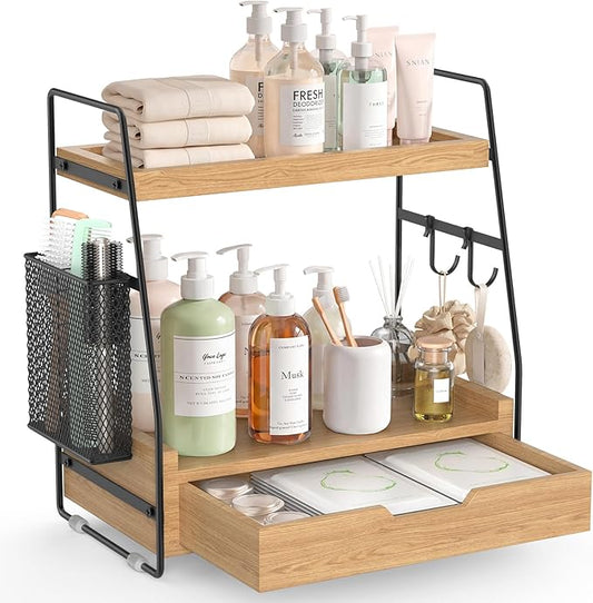 2 Tier Bathroom Counter Organizer Wood - Tiered Bathroom Countertop Shelf with Drawer, Removable Basket & 2 Hooks, Makeup Vanity Organizer for Skincare Perfume Toiletries, 13'' Wood