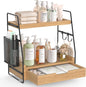 2 Tier Bathroom Counter Organizer Wood - Tiered Bathroom Countertop Shelf with Drawer, Removable Basket & 2 Hooks, Makeup Vanity Organizer for Skincare Perfume Toiletries, 13'' Wood