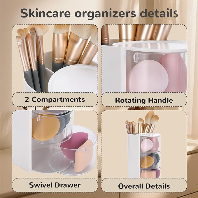 Rotating Hair Accessory Organizer, 3-Tier Transparent Storage Container with Makeup Brush Holder, Hair Clip and Jewelry Display Stand, Office organizer