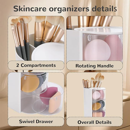 Rotating Hair Accessory Organizer, 3-Tier Transparent Storage Container with Makeup Brush Holder, Hair Clip and Jewelry Display Stand, Office organizer
