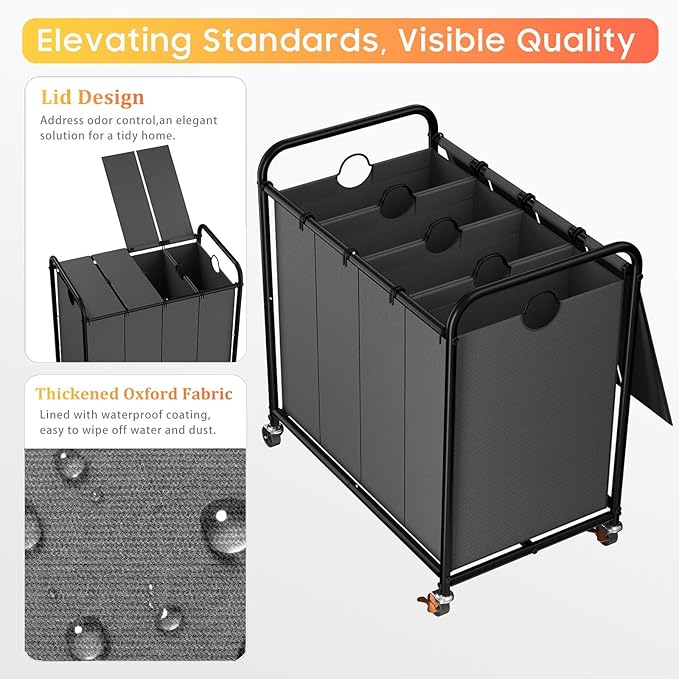 Laundry Sorter 4 Sections 48 Gal, Rolling Laundry Basket with Lockable Wheels and Lid, Laundry Hamper with 4 Separated Removable Bags Dirty Clothes Hamper for Laundry Room Organizer, Grey
