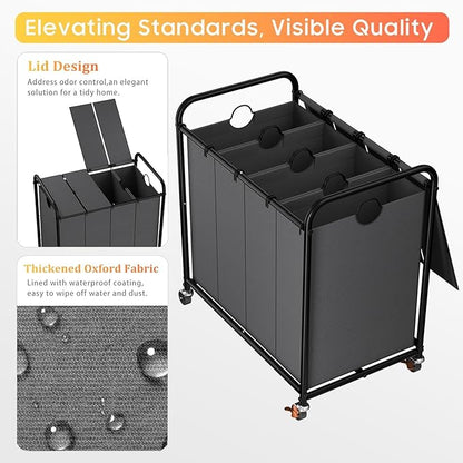 Laundry Sorter 4 Sections 48 Gal, Rolling Laundry Basket with Lockable Wheels and Lid, Laundry Hamper with 4 Separated Removable Bags Dirty Clothes Hamper for Laundry Room Organizer, Grey