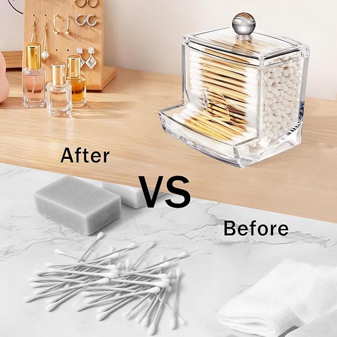 SheeChung 10Oz Acrylic Qtip Holder Dispenser for Cotton Swabs, Clear Plastic Containers Apothecary Jars with Lid, Bathroom Accessories, Vanity Organizers and Storage, Home Essentials Decor-Clear, 2Pcs