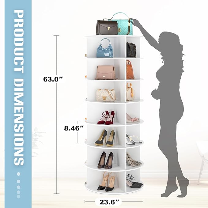 7-Tier Rotating Shoe Rack Tower - 360 Spinning Shoe Organizer, Vertical Lazy Susan, Closet Cabinet Rack for 28 Pairs of Shoes Bags Plants