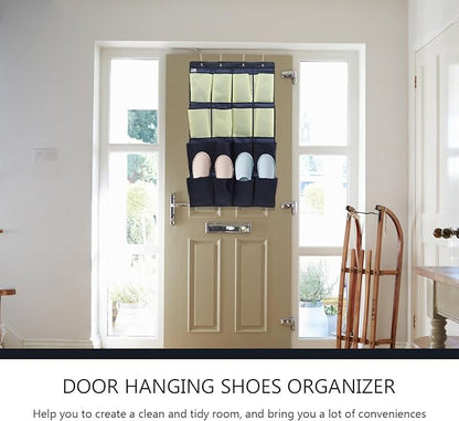 16-pocket Over-the-door Shoe Organizer Bag Oxford Cloth Hanging Shoe Pouch for Closet and Wall Storage Blue and Yellow Hanging Storage for Home and Bathroom