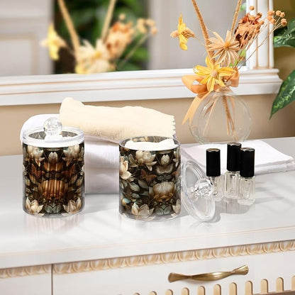 4 Pack Magnolia Flowers Apothecary Jars with Lid, Qtip Holder Storage Containers for Cotton Ball, Swabs, Pads, Clear Plastic Canisters for Bathroom Vanity Organization (10 Oz)