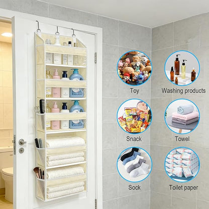 Over Door Organizer, 5 Layers Door Organizer Hanging with 10 Mesh Side Pockets and Clear Window for RV, Kitchen, Bedroom, Bathroom, Beige