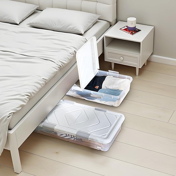 VEVOR Under Bed Storage with Wheels, 39.8 x 20.1 x 5.9 inch Underbed Containers, Underbed Shoes Organizer with Lid & Gray Latch, Rolling Under the Bed Storage Bins for Clothes Shoes Blankets, 2 Pack