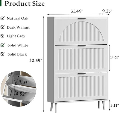 Xixini Shoe Storage Cabinet with 3 Flip Drawers, 50" Tall Narrow Wood Fluted Shoe Organizer for Entryway, Freestanding Wooden Hidden Slim Shoe Rack for Front Door Entrance, Hallway, Foyer, Solid White