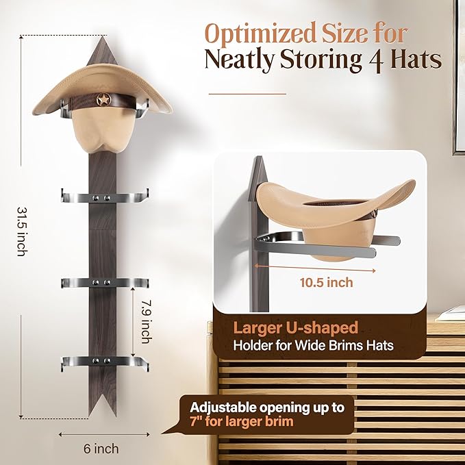 Cowboy Hat Rack for Wall, Cowboy Hat Holder Wall Mount Holds up to 4 Hats, Wooden Western Rustic Metal Hat Hanger with Arrow Sign Board, Hat Organizer for Western Hat, Fedora, Sun Hats (2 pack)