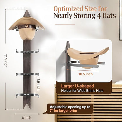 Cowboy Hat Rack for Wall, Cowboy Hat Holder Wall Mount Holds up to 4 Hats, Wooden Western Rustic Metal Hat Hanger with Arrow Sign Board, Hat Organizer for Western Hat, Fedora, Sun Hats (1 pack)