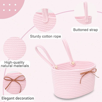 Cotton Rope Hanging Storage Baskets,Wall Basket with Handle, Shelf Organizer Bin for Closet, Functional Storage for Keys,Toys,and Small Items,Pink,Set of 2