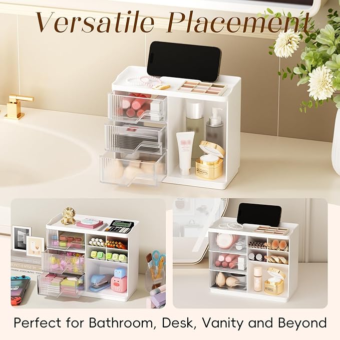 Small Makeup Organizer with Drawers, Stackable Bathroom Couneter Organizer with Phone Holder, Versatile Vanity Organizer Countertop, Cosmetic Organizer for Makeup Brush, Skin Care, Lotion -White,2Pack