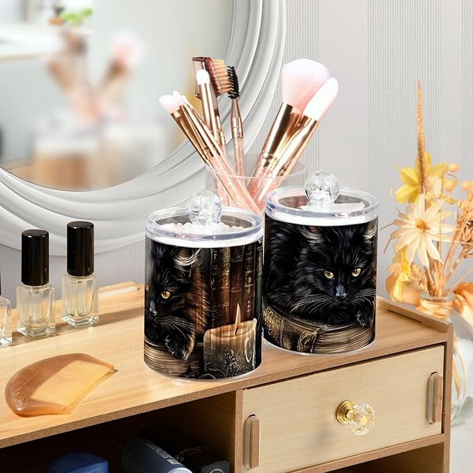 2 Pack Black Cat Gothic Qtip Cotton Ball Holders Dispenser with Lid, Plastic Jars Bathroom Canisters Storage Organizer