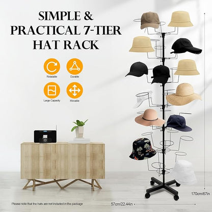 7-Tier Rotating Hat Rack with 4 Wheels, Large Capacity Storage for 35 Hats, Modern Display Stand with Brakes for Home Store Commercial Use, Metal Wig Holder for Cowboy Hats, Baseball Hats (Black)