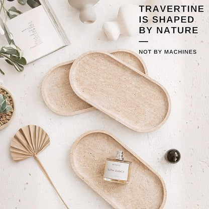 Natural Travertine Oval Bathroom Vanity Tray – 12”x6” Stone Tray for Countertop, Perfume & Jewelry Display | Solid 2cm Thick, Authentic Turkish Travertine