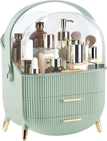Makeup Organizer for Vanity, Large Capacity Skincare Cosmetic Organizer Countertop with 2 Drawers, Cosmetic Display Cases Makeup Storage Box for Bedroom, Bathroom, Ideal Gifts for Women(Green)