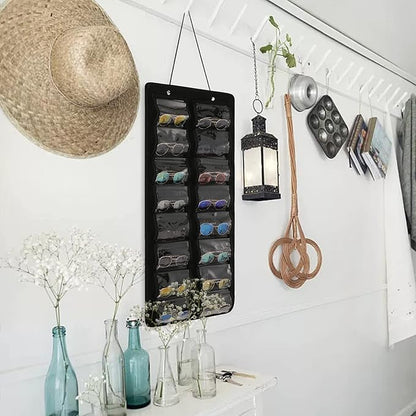 Sunglasses Organizer Storage - 16 Slots Glasses Storage Wall Pocket Display Hanging on Door, Eyewear Display, Dust-Proof (Black, Dust-Proof)