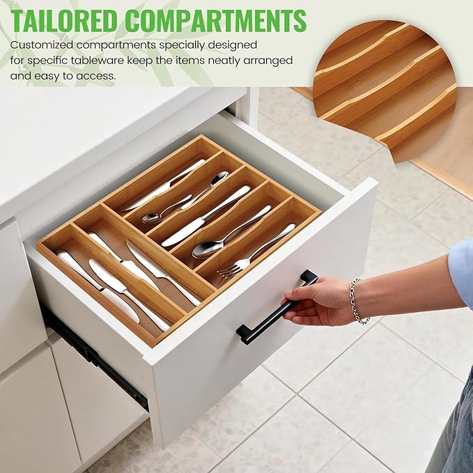 Bamboo Silverware Organizer, Bamboo Kitchen Drawer Cutlery Organizer, Utensil Holder, Flatware Organizer Tray (15.8"x11.7"x1.6")