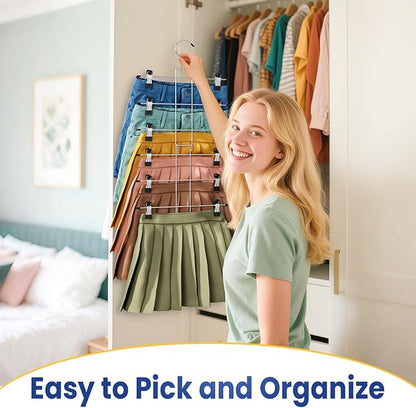 DAMITA Skirt Pants Hangers with Clips Space Saving Hanging Closet Organizer 6 Tiers Hanger with 360° Swivel Hook, Finger-Safe Design- College Dorm Room Apartment Essentials 2-Pack