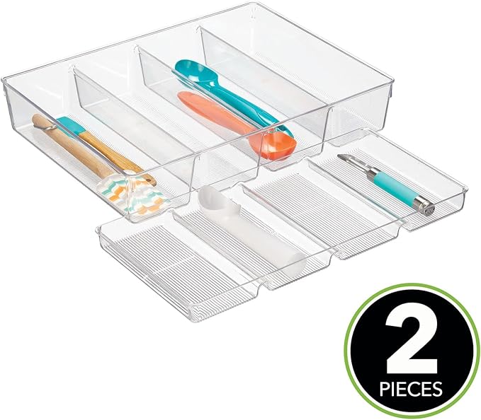 mDesign Plastic Kitchen Drawer Organizer Tray Set - Horizontal Storage Bin for Organizing Cutlery, Flatware, Silverware, Utensil, and Appliances - Ligne Collection - Clear