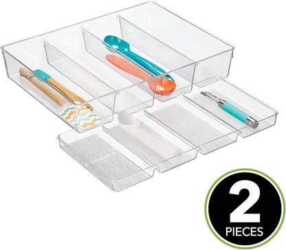 mDesign Plastic Kitchen Drawer Organizer Tray Set - Horizontal Storage Bin for Organizing Cutlery, Flatware, Silverware, Utensil, and Appliances - Ligne Collection - Clear