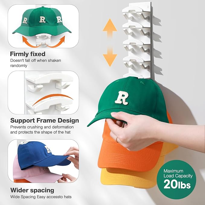 2 Pack Hat Organizer for Baseball Caps, Hat Rack for Wall with Strong Adhesive, Wall Mounted Hat Hooks Hold up to 16 Hats for Closet Door and Bedroom (White)