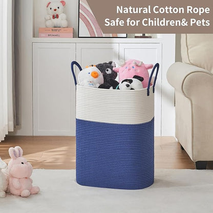 AINUOQI Laundry Basket with Handles - Blanket Basket & Hampers for Bedroom Aesthetic, Laundry Hamper & Blanket Storage for Living Room, Clothes Hamper, Tall, Large 17" x 14" x 23”, White & Dark Blue
