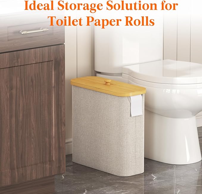 Lifewit Toilet Paper Storage Holder for 12 to 16 Rolls, Free Standing Toilet Paper Basket Stand with Bamboo Lid, Collapsible Fabric Bathroom Organizer Box for Mega Rolls, 30L, Extra Large, Beige
