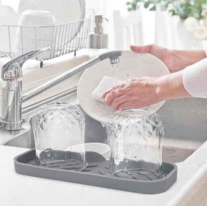 Silicone Bathroom Soap Dishes, Sponge Holder for Kitchen Sink, Shower Soap Holder with Drain, Soap Dispenser Tray, Soap Dish for Bottle, Cup, Sink or Counter Organizer - Gray 9" x 3.15"