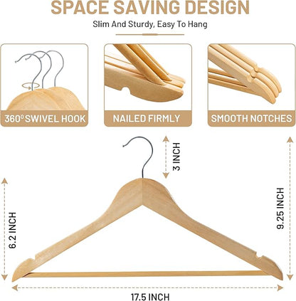 LUX Decor Wooden Hangers 30 Pack - Non-Slip Coat & Suit Hangers with 360° Swivel Hook, Smooth Finish, Heavy Duty Natural Color Clothes Hangers for Jacket, Shirt, Pants